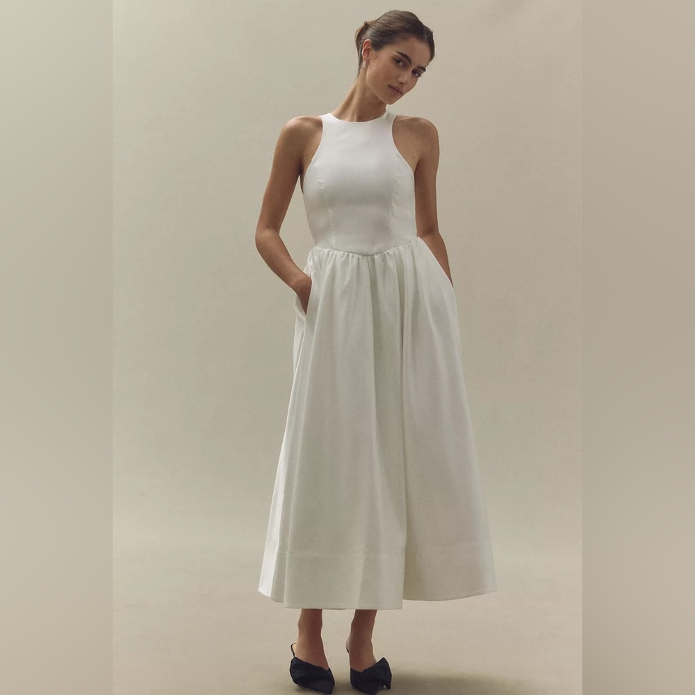 NWT BHLDN High Neck Satin Duchess A-Line Midi Dress drop waist halter basque